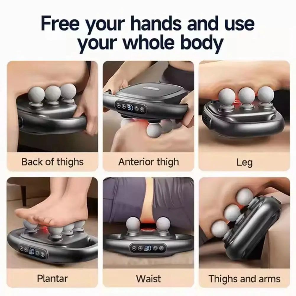 HighPeak DeepRelief™ Multi-Head Body Massager in black with 6 massage heads targeting thighs, legs, plantar, waist, and arms for deep tissue relief.