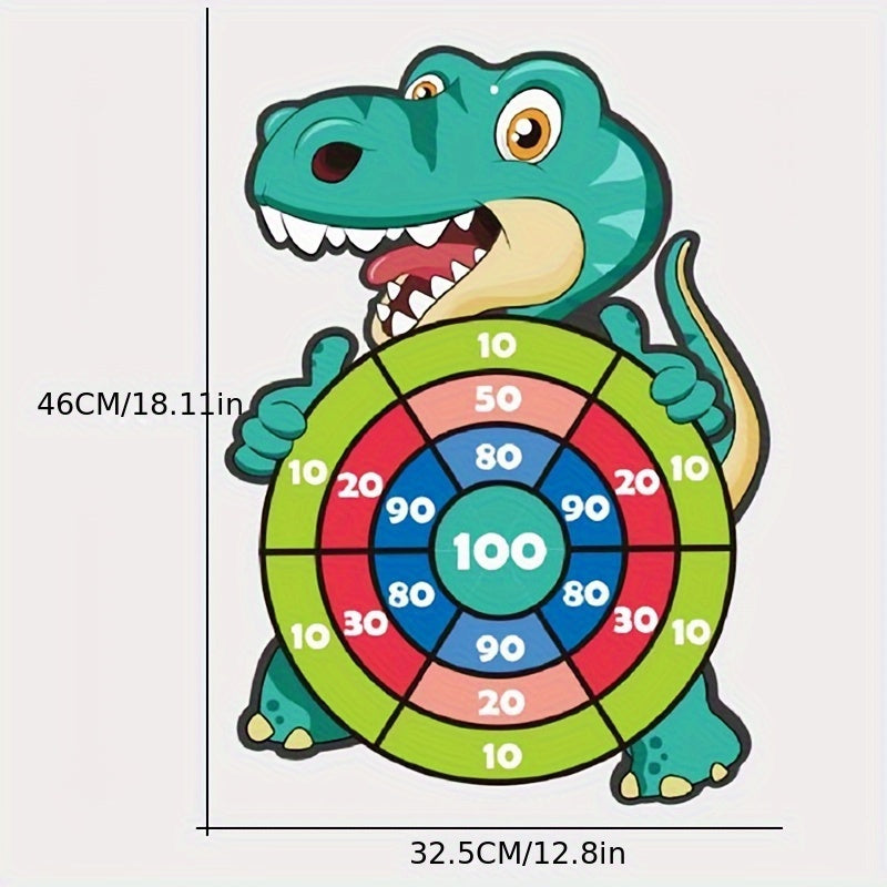 HighPeak DinoBlaster target board featuring turquoise T-Rex holding colorful scoring rings with point values from 10 to 100