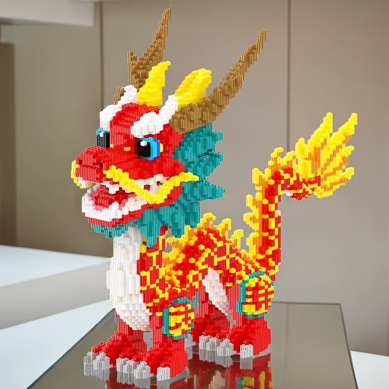 HighPeak DragonForge building set displaying vibrant red dragon with yellow flames, teal accents and intricate pixel design