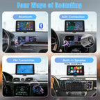 HighPeak DriveX 7-inch smart display showing wireless CarPlay connectivity with multiple audio connection options in car dashboard