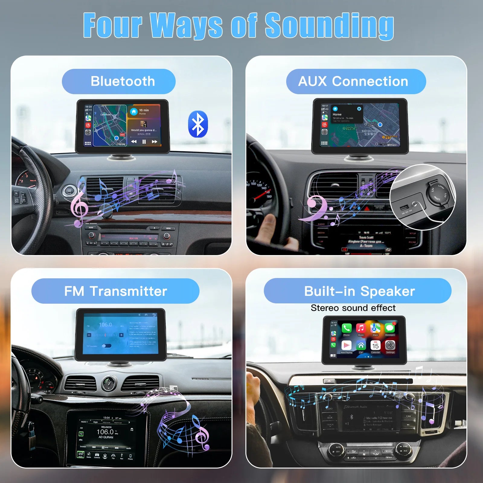 HighPeak DriveX 7-inch smart display showing wireless CarPlay connectivity with multiple audio connection options in car dashboard