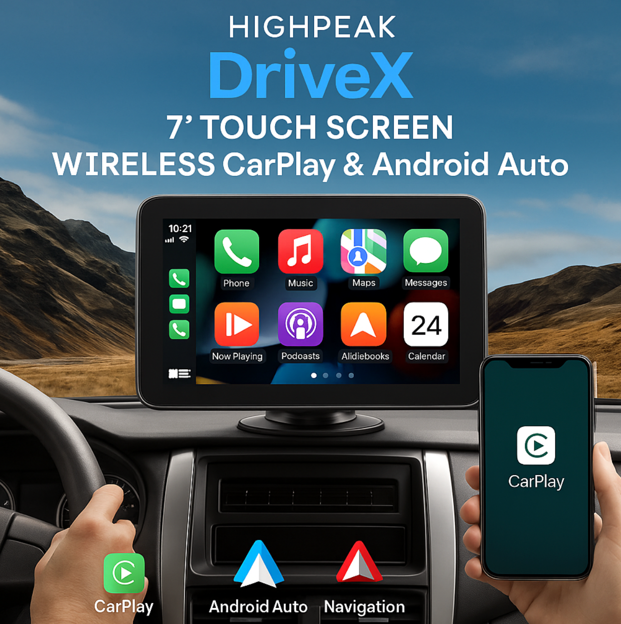 HighPeak DriveX 7-inch touchscreen display showing CarPlay interface mounted on car dashboard with scenic mountain background