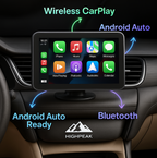 HighPeak DriveX 7-inch touchscreen display showing wireless CarPlay and Android Auto interface mounted on car dashboard