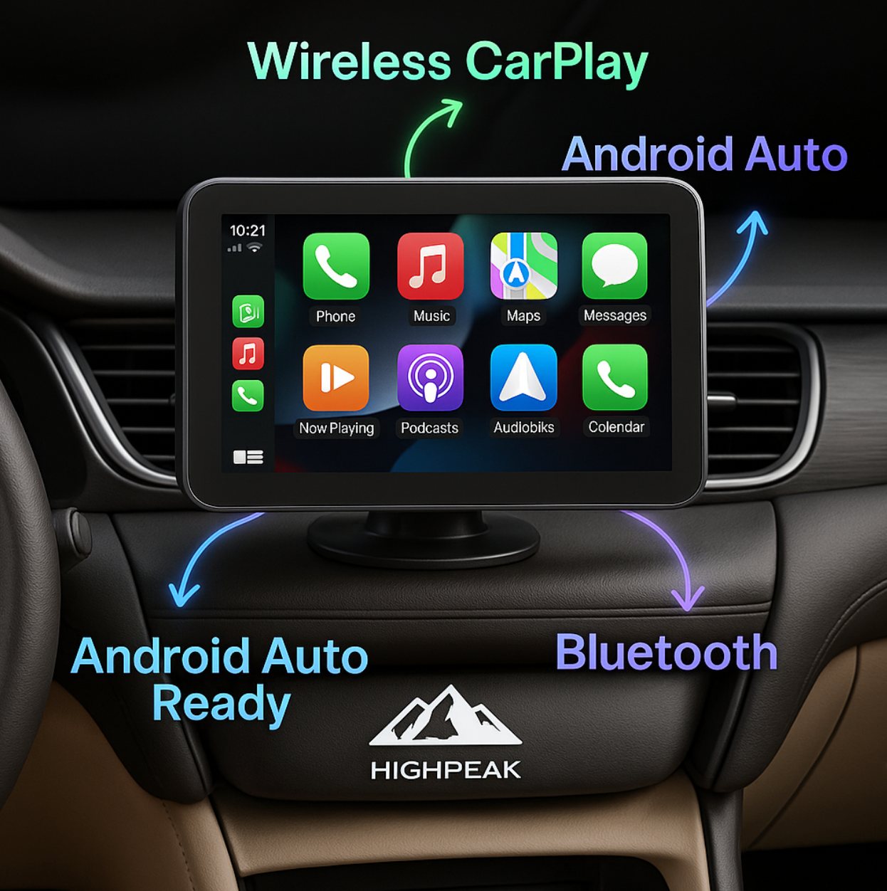 HighPeak DriveX 7-inch touchscreen display showing wireless CarPlay and Android Auto interface mounted on car dashboard