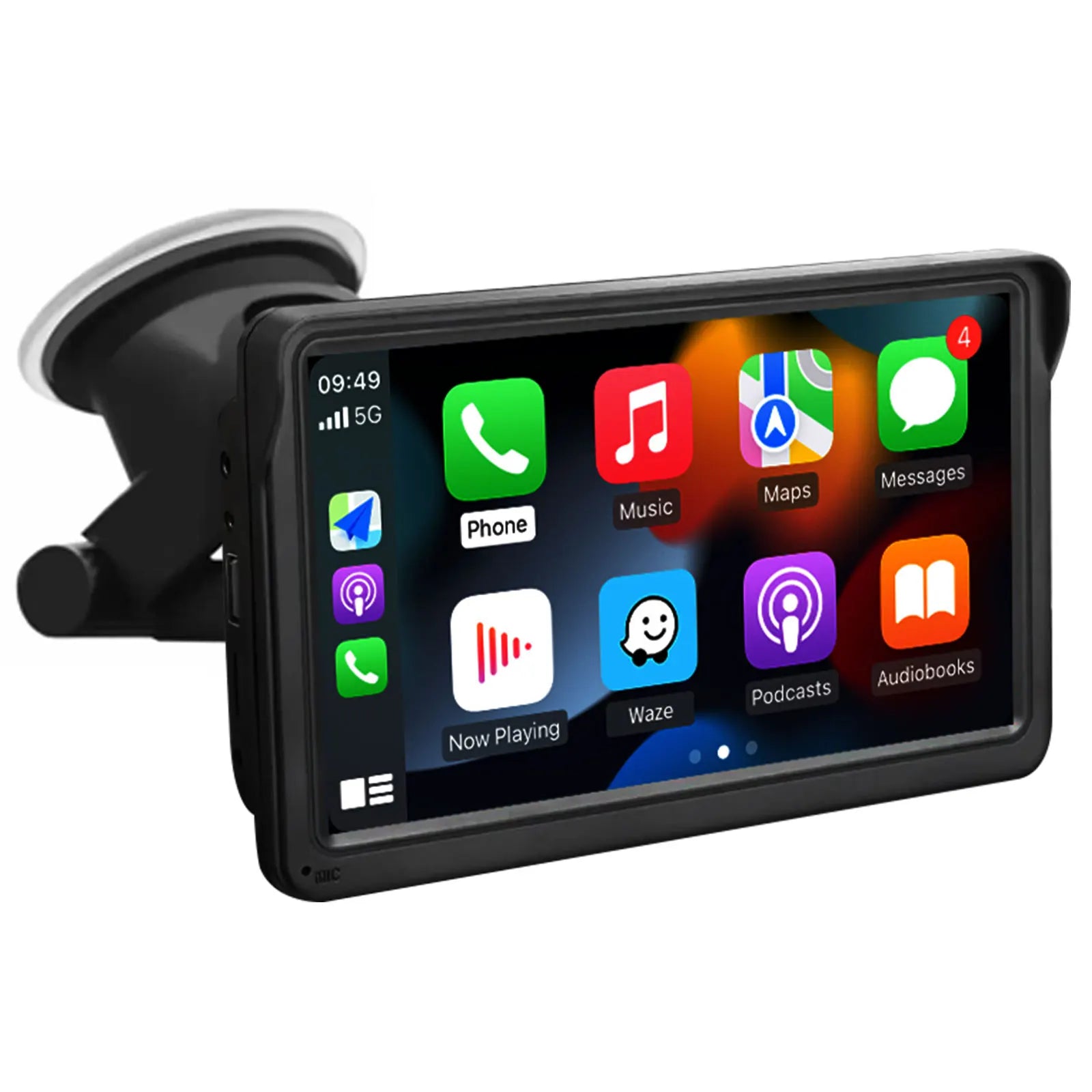 HighPeak DriveX Pro 7-inch smart car display with CarPlay interface, mounted on windshield with suction cup mount in black finish