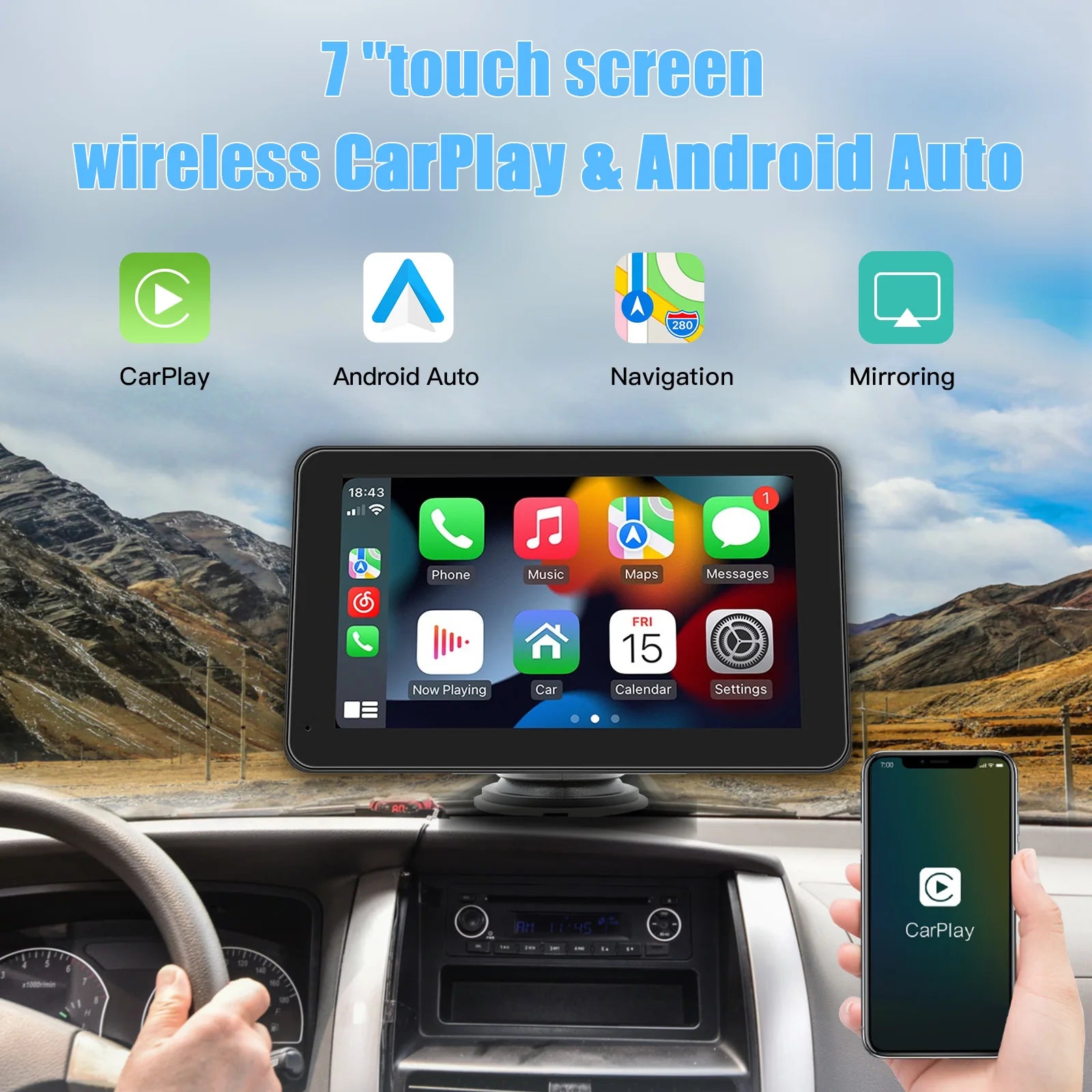 HighPeak DriveX Pro 7-inch touchscreen display mounted on car dashboard showing CarPlay interface with navigation and app icons