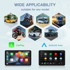 HighPeak DriveX Pro wireless display showing CarPlay and Android Auto interfaces with vehicle compatibility hexagons