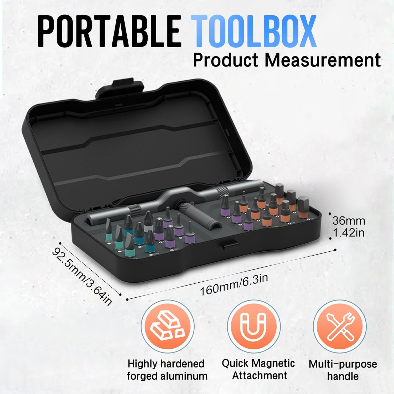 HighPeak EZ-Torque magnetic screwdriver set displayed in black portable case with 24 color-coded bits and ergonomic handle