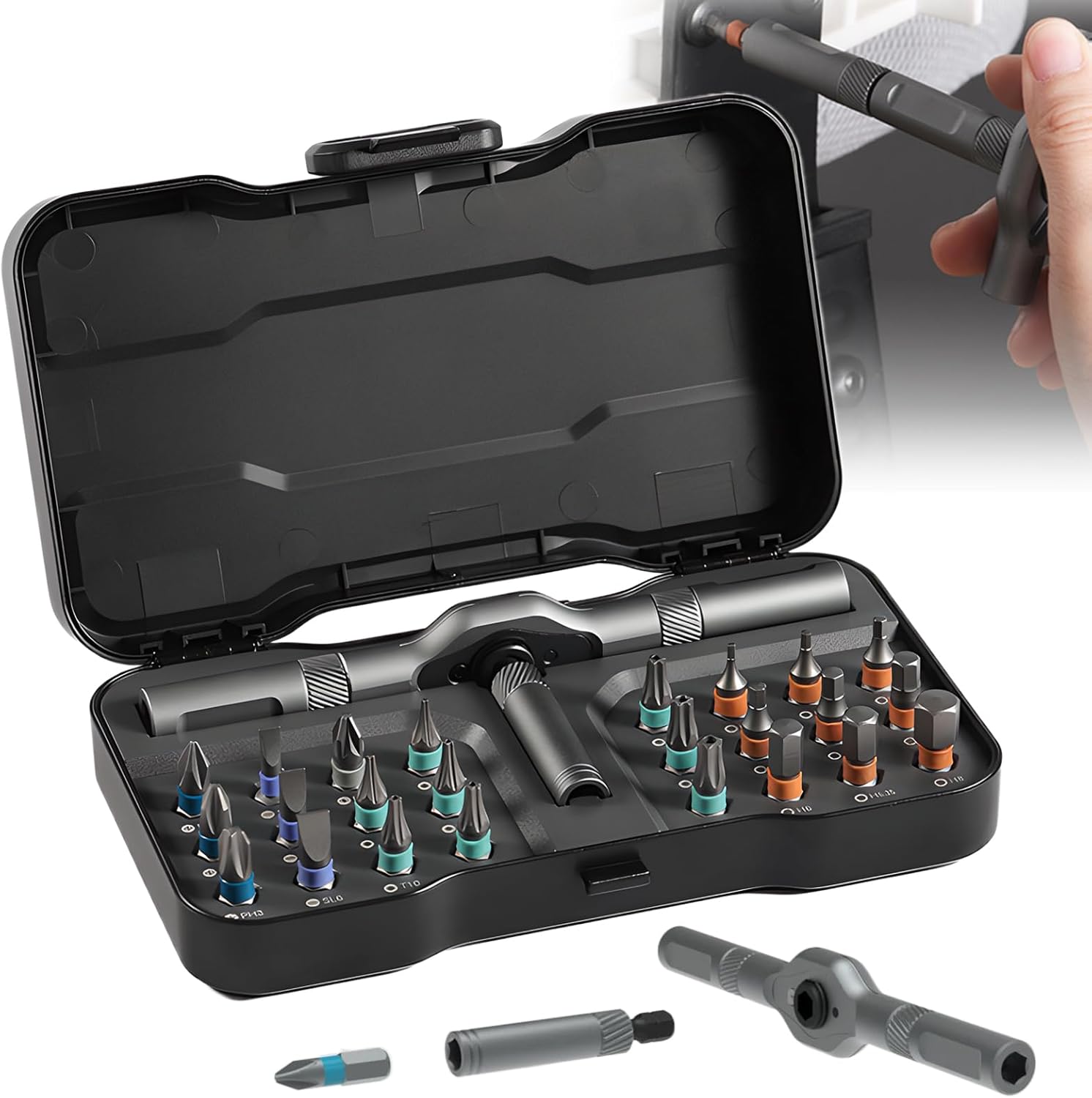 HighPeak EZ-Torque magnetic screwdriver set displayed in black storage case with 24 color-coded precision bits and ergonomic handle