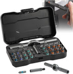 HighPeak EZ-Torque magnetic screwdriver set displayed in black storage case with 24 color-coded precision bits and ergonomic handle
