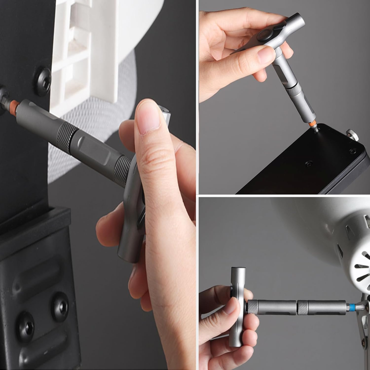HighPeak EZ-Torque magnetic screwdriver set in use, showing grey ergonomic handle and interchangeable bits for DIY tasks