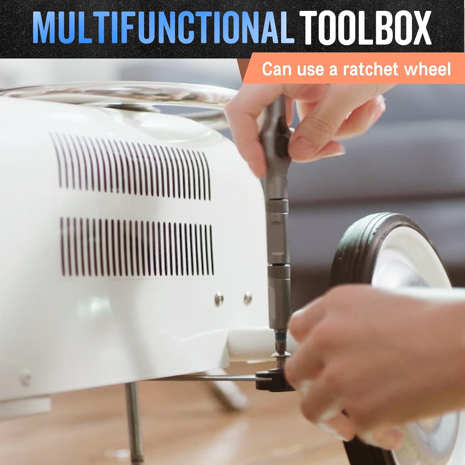 HighPeak EZ-Torque magnetic screwdriver set in use, showing ratchet wheel feature with gray ergonomic handle and interchangeable bits