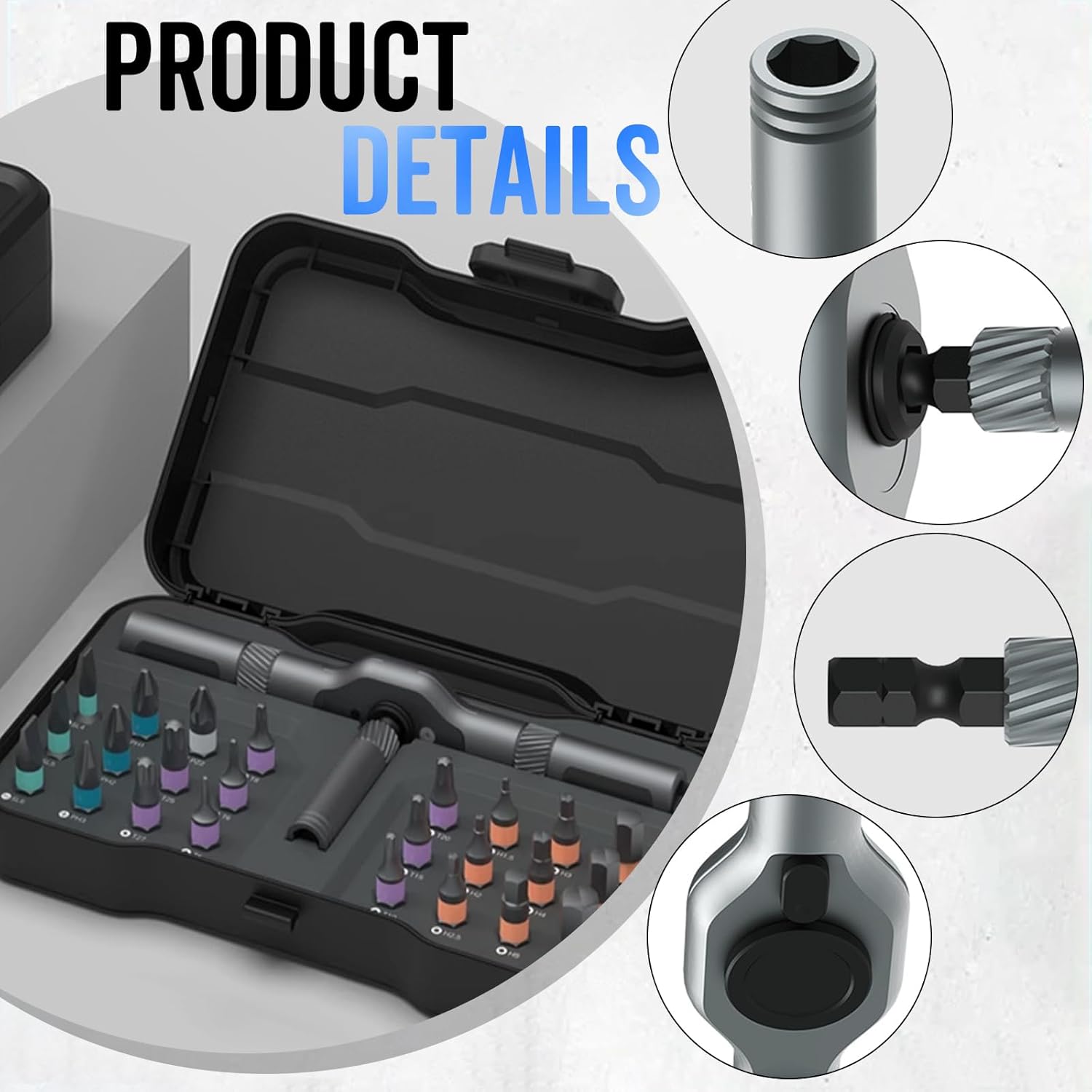 HighPeak EZ-Torque magnetic screwdriver set with 24 color-coded bits displayed in black storage case with product details