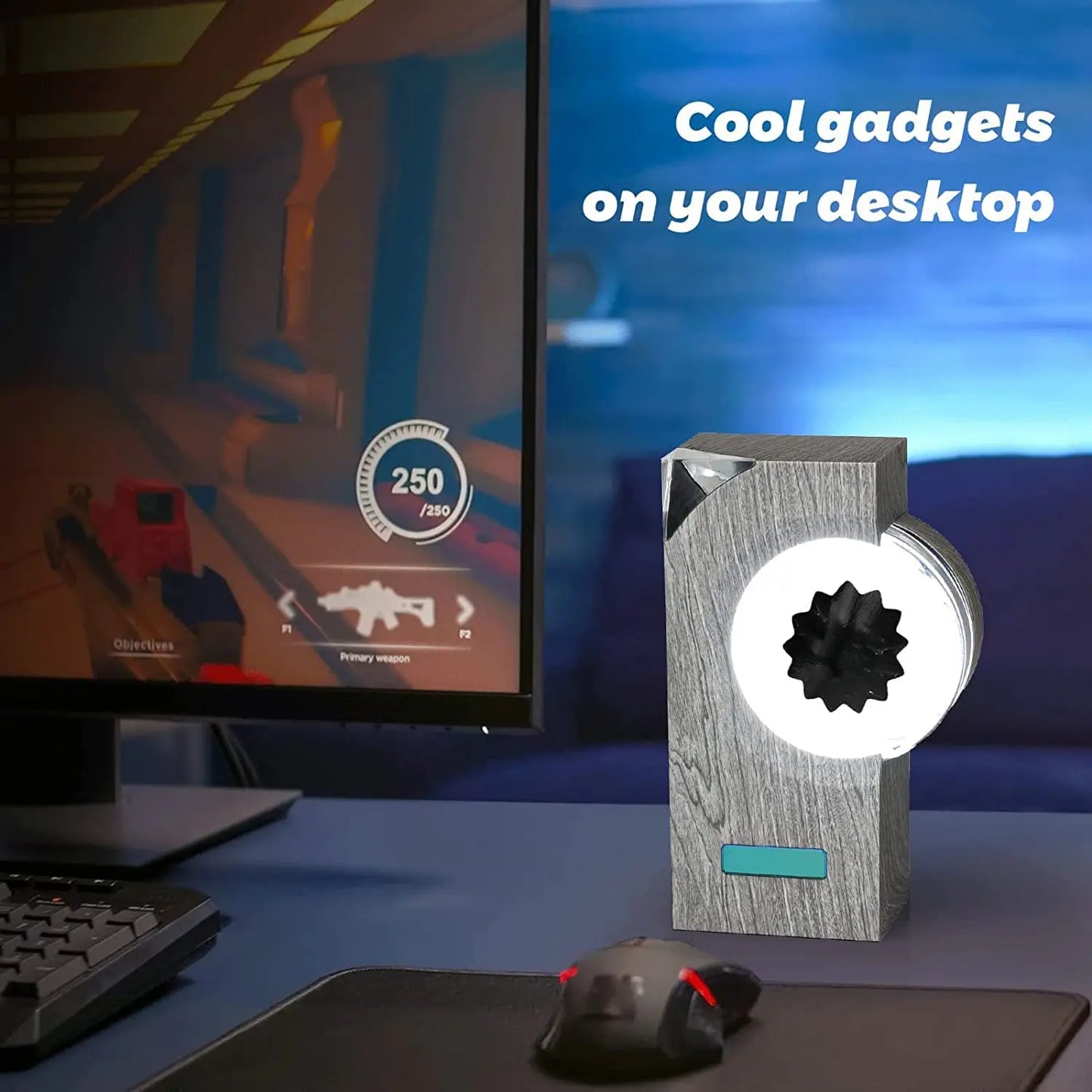 HighPeak EchoFlow ferrofluid music visualizer with black magnetic liquid display on desk near gaming monitor