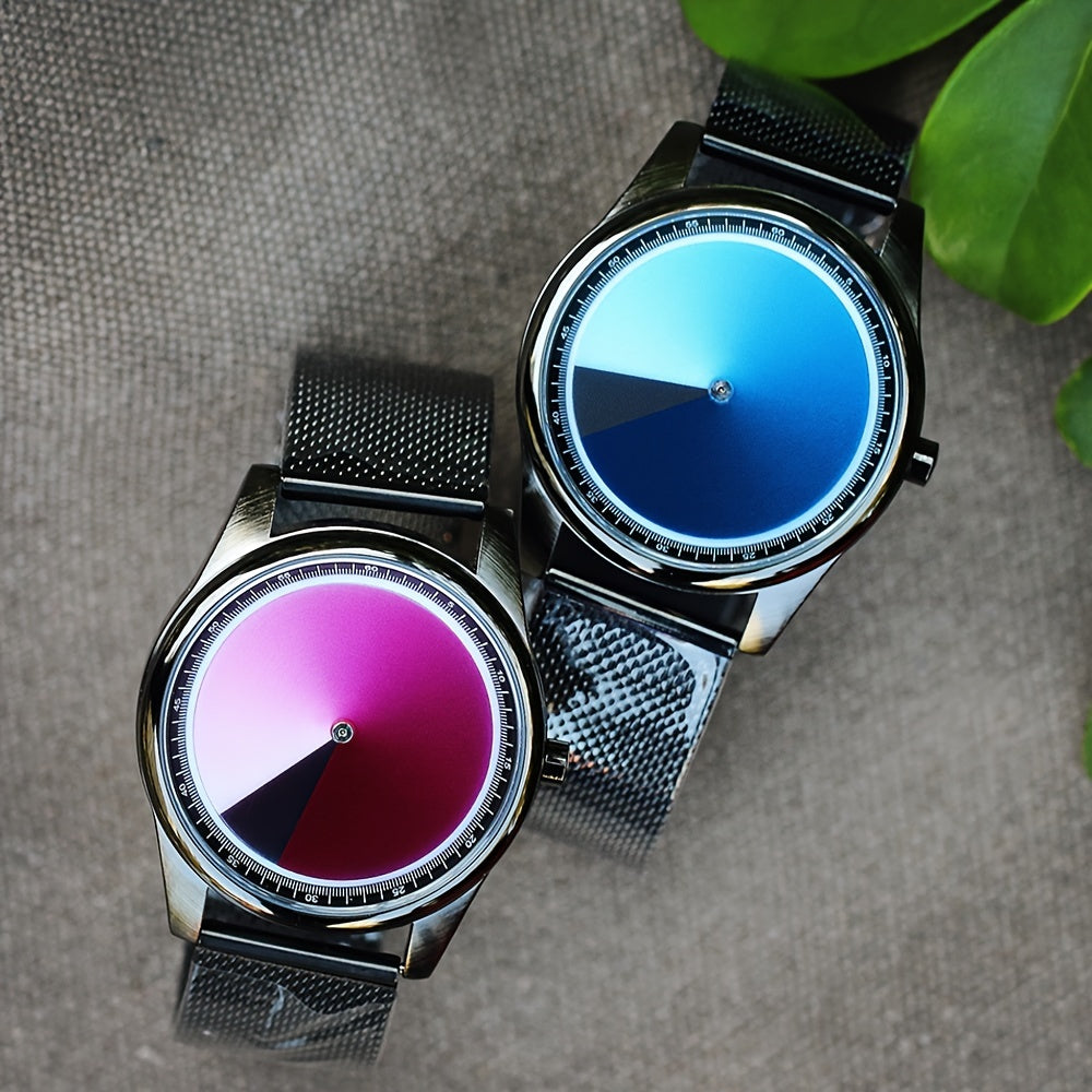 HighPeak EclipseMotion gradient watches in blue and pink with mesh bands - minimalist rotating dial display on gray fabric
