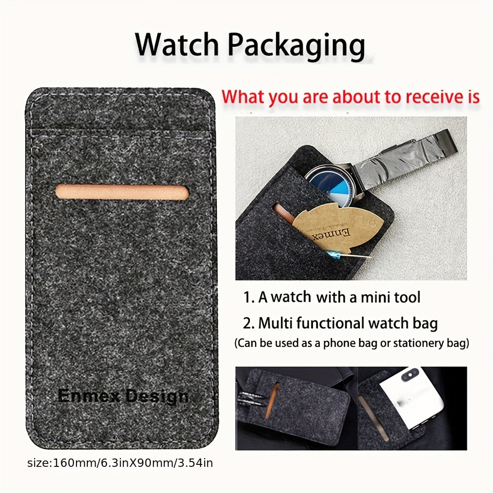 HighPeak EclipseMotion watch packaging featuring grey felt sleeve with wooden tool and multifunctional storage pouch
