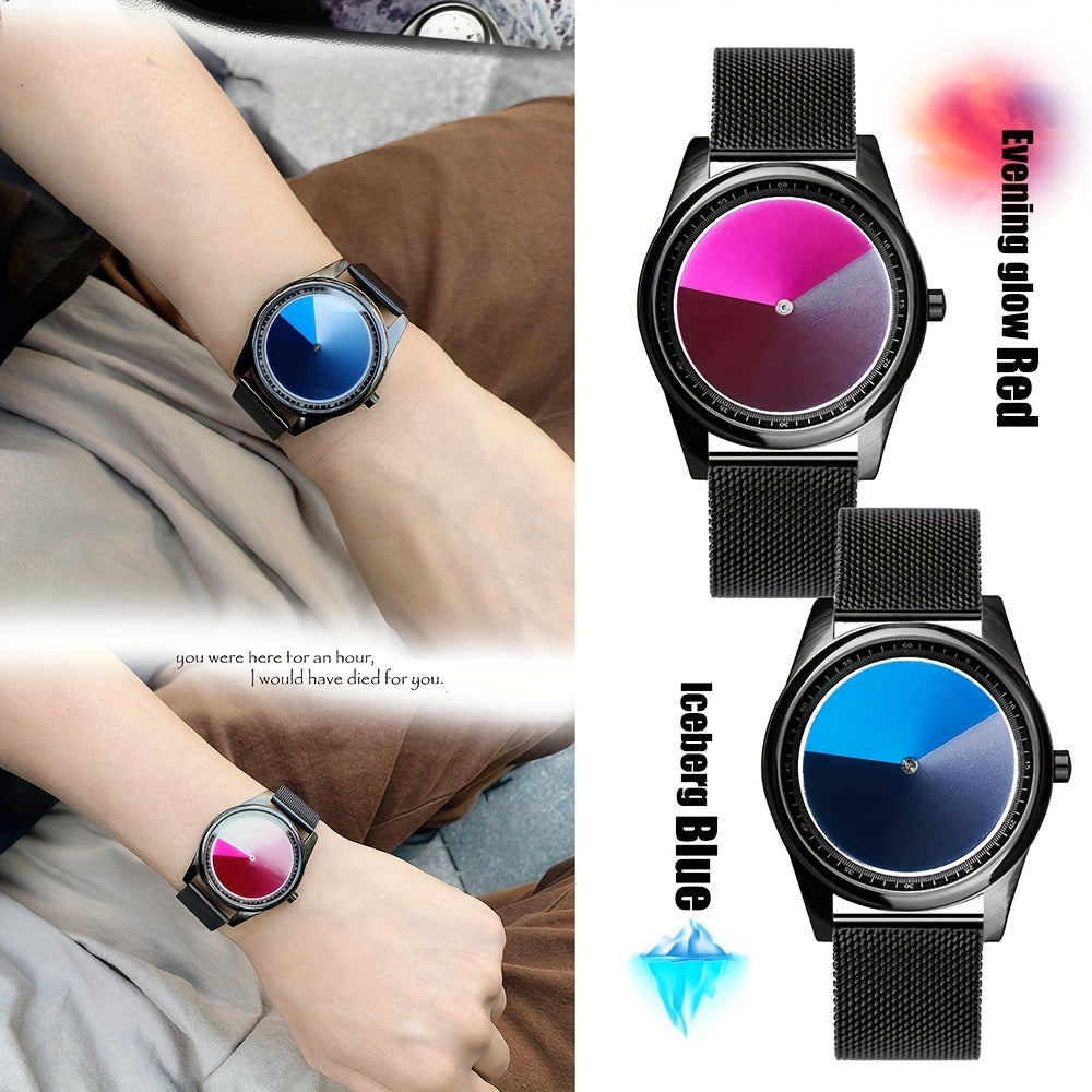 HighPeak EclipseMotion watch with black mesh band featuring gradient blue and pink rotating dial design - futuristic minimalist style