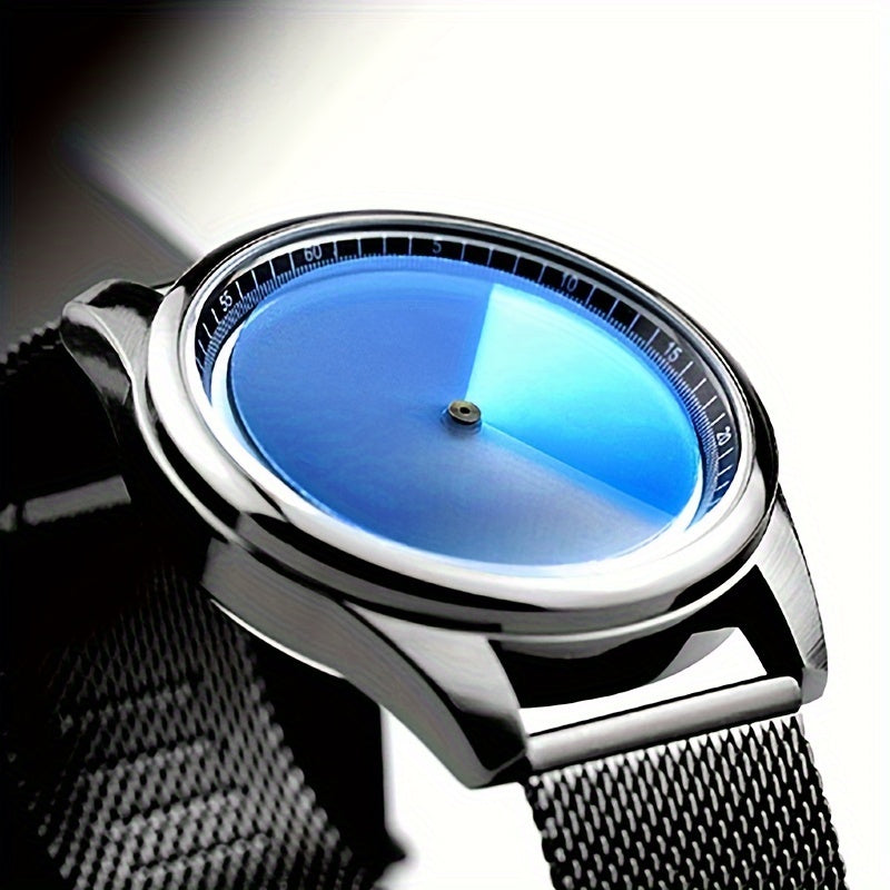 HighPeak EclipseMotion watch with blue gradient rotating dial and silver mesh band - minimalist futuristic design