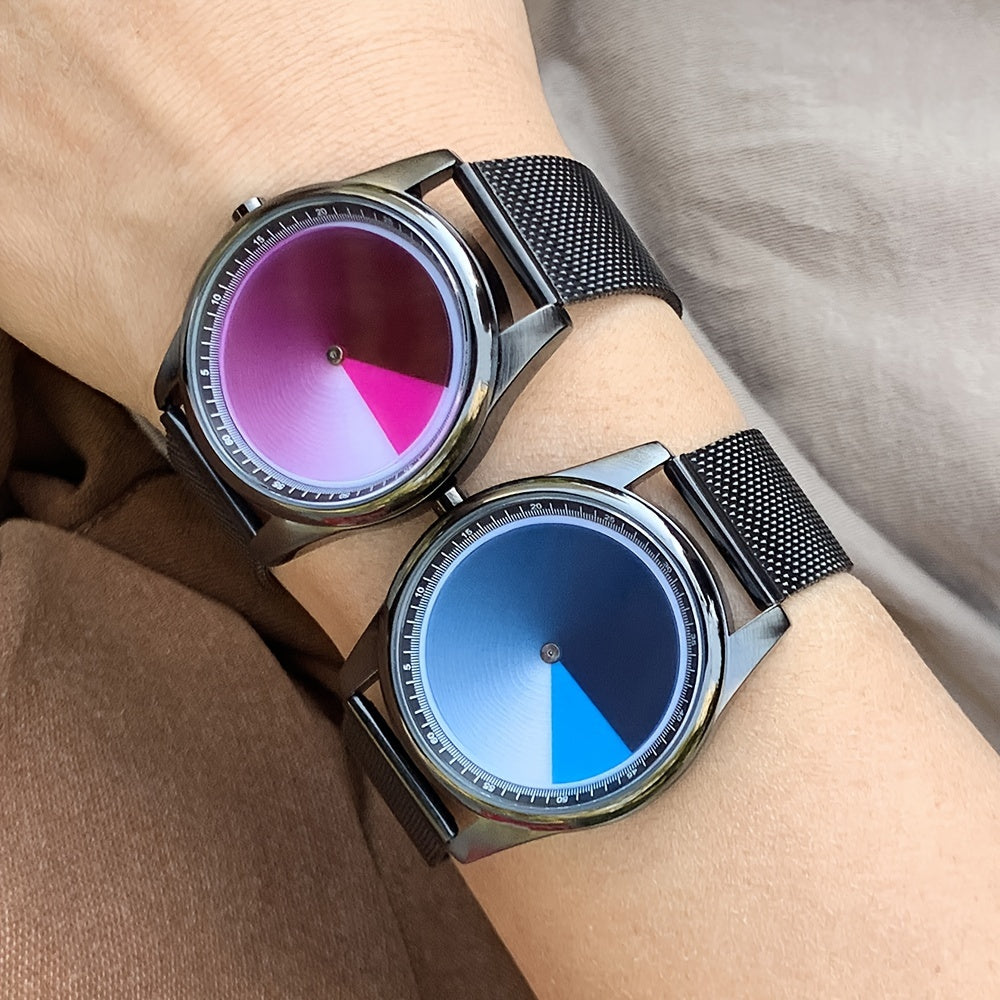 HighPeak EclipseMotion watches with pink and blue gradient dials, black mesh bands, showcasing minimalist rotating face design