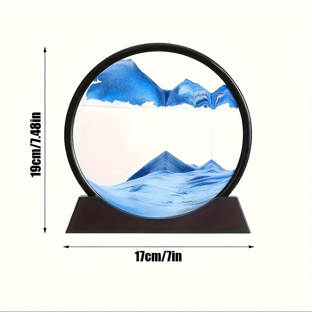 HighPeak Eclipse Flow dynamic sand art display with blue liquid sand forming waves in circular black frame on stand