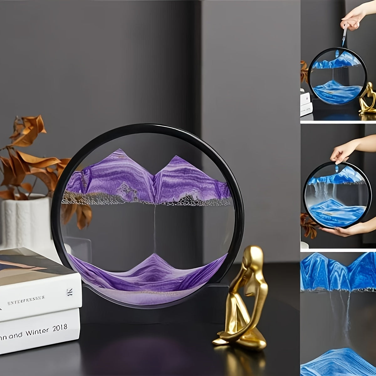 HighPeak Eclipse Flow dynamic sand art display with purple sand forming mountains in round black frame, shown with blue variations