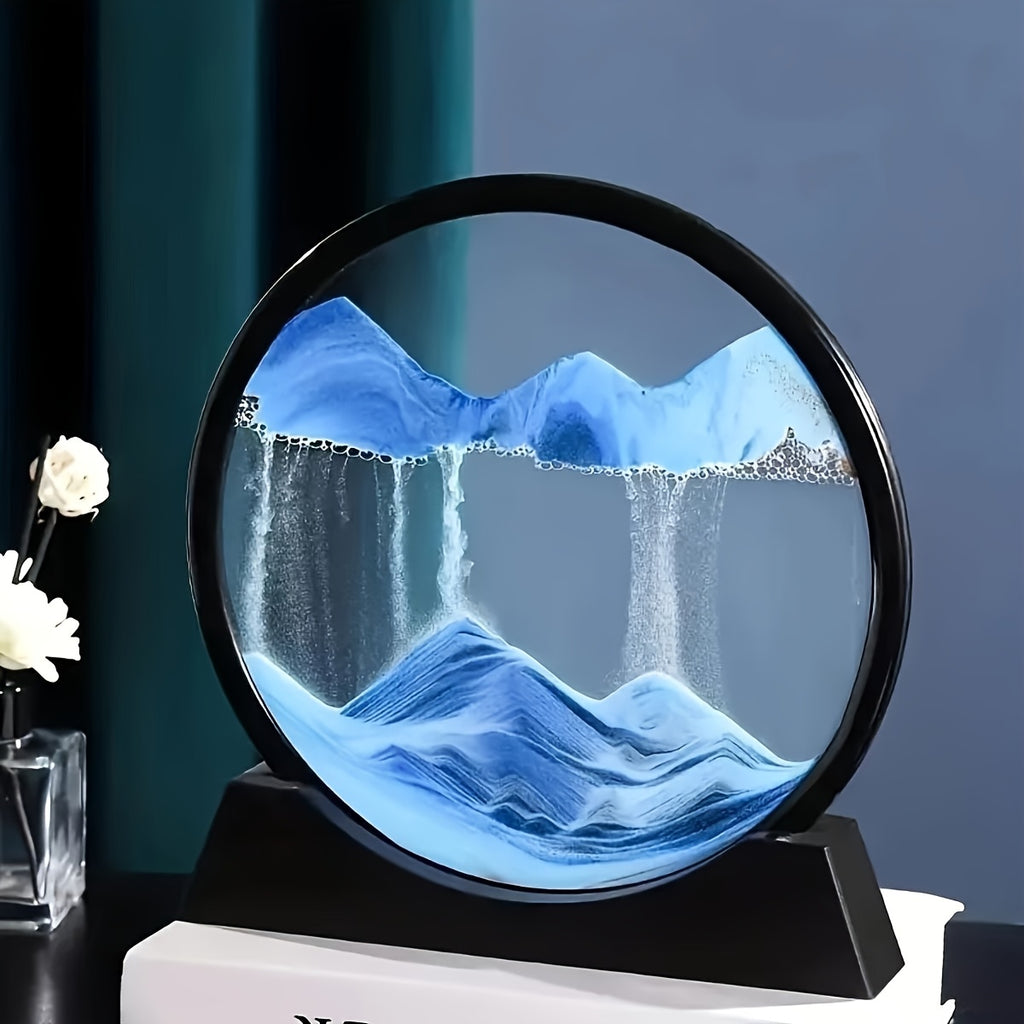 HighPeak Eclipse Flow dynamic sand art displaying blue flowing sand forming mountain landscapes in round black frame