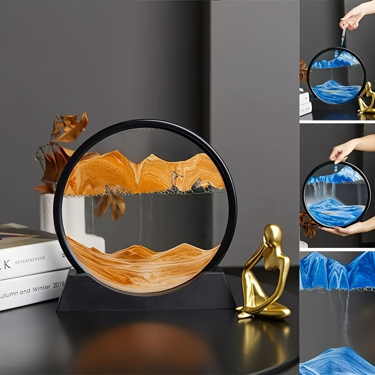 HighPeak Eclipse Flow dynamic sand art displaying orange sand forming fluid mountains and waves in round black frame