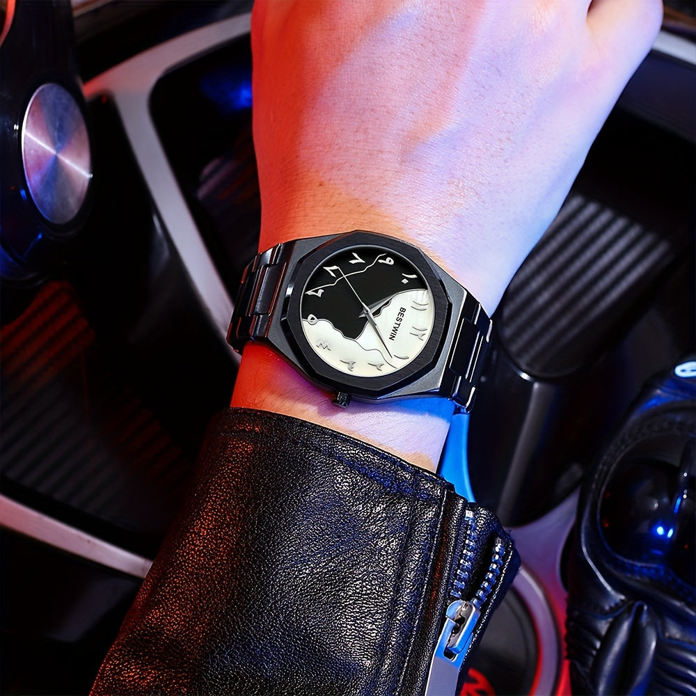 HighPeak Eclipse Royale black steel watch with Arabic dial on wrist in car interior with neon lighting ambiance