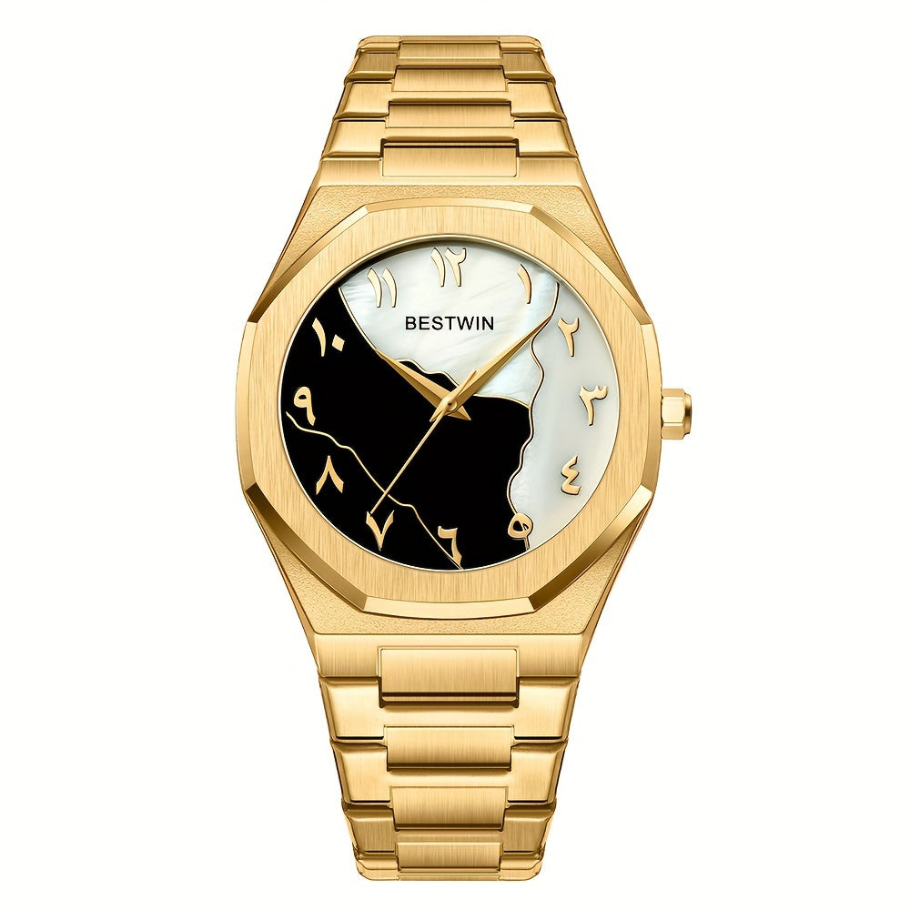 HighPeak Eclipse Royale gold-plated watch with split-tone black and white dial, Arabic numerals, on luxury metal bracelet