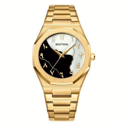 HighPeak Eclipse Royale gold-plated watch with split-tone black and white dial, Arabic numerals, on luxury metal bracelet