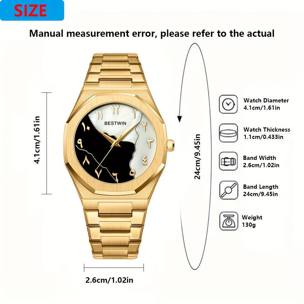 HighPeak Eclipse Royale gold-tone watch with split black-white dial and Arabic numerals on stainless steel bracelet