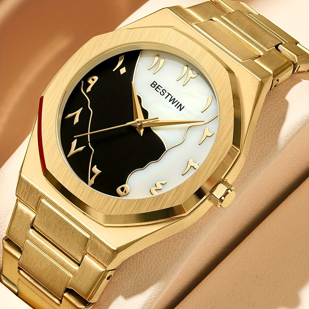 HighPeak Eclipse Royale gold-tone watch with split black and white Arabic dial on stainless steel bracelet, luxury timepiece