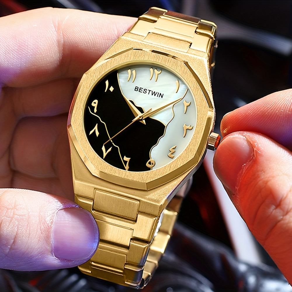 HighPeak Eclipse Royale gold-tone watch with split black and white Arabic dial, showcased on steel bracelet in hand