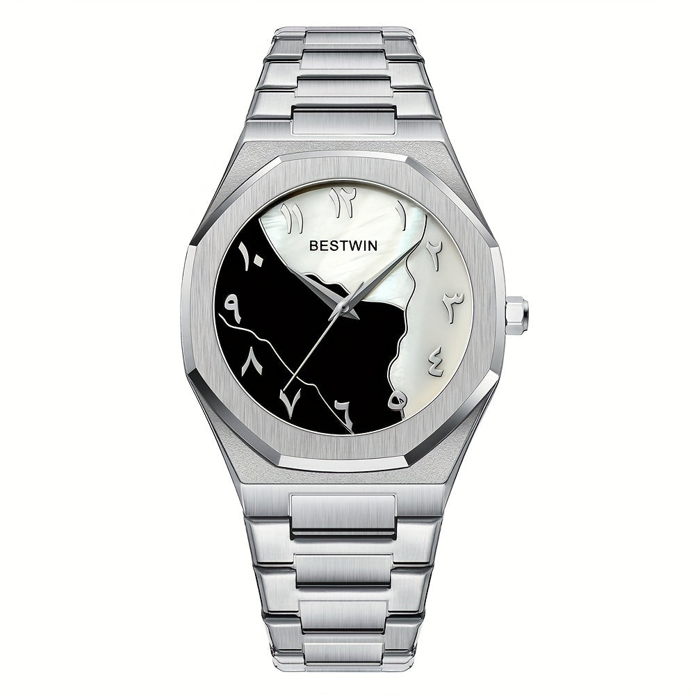 HighPeak Eclipse Royale silver watch with split black-white Arabic dial and stainless steel bracelet - elegant timepiece