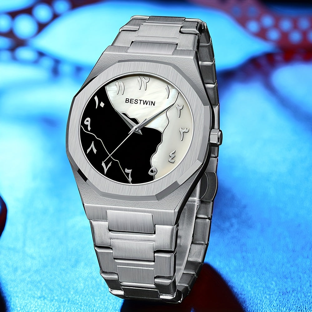 HighPeak Eclipse Royale stainless steel watch with black and white split-tone Arabic dial displayed on blue background