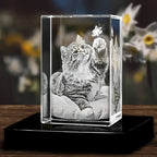 HighPeak EternaCrystal 3D laser-engraved crystal pet memorial displaying playful cat on cushion, with black base display stand