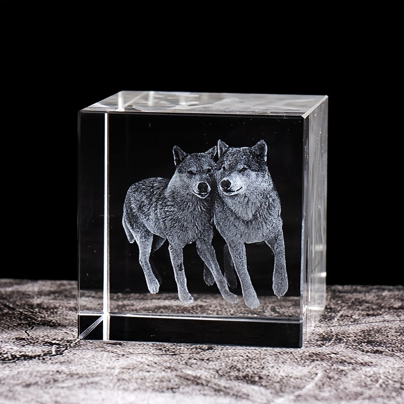 HighPeak EternaCrystal 3D laser engraved crystal cube displaying two detailed wolves - pet memorial keepsake on textured surface
