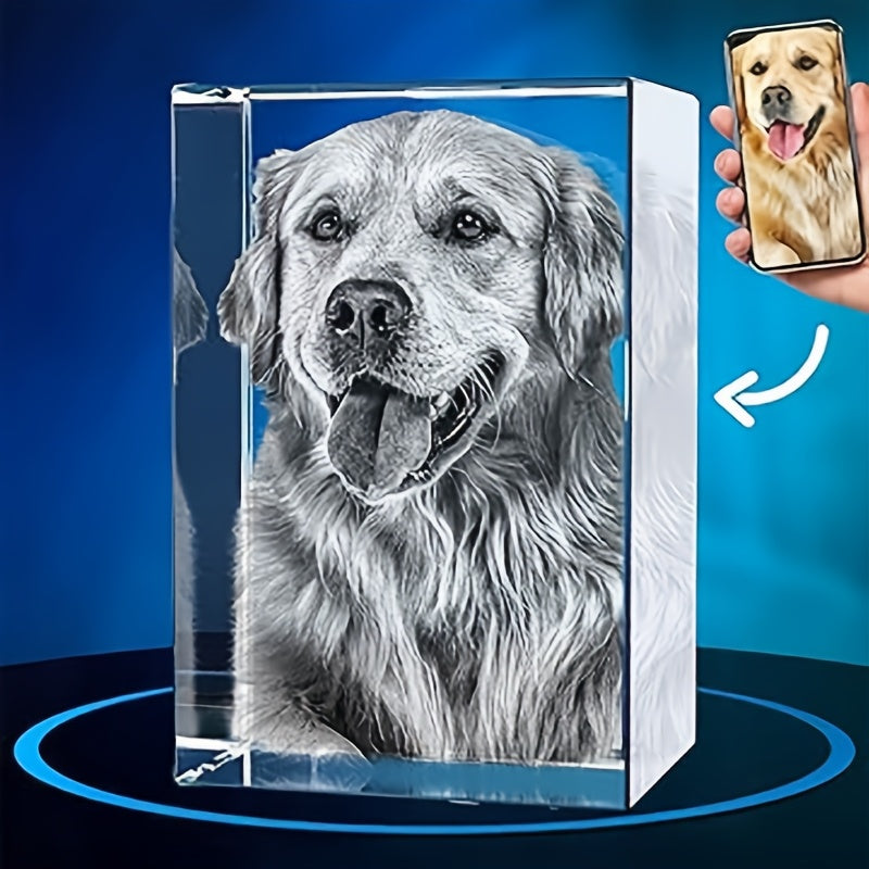 HighPeak EternaCrystal 3D laser engraved crystal pet memorial showing detailed dog portrait with phone photo reference