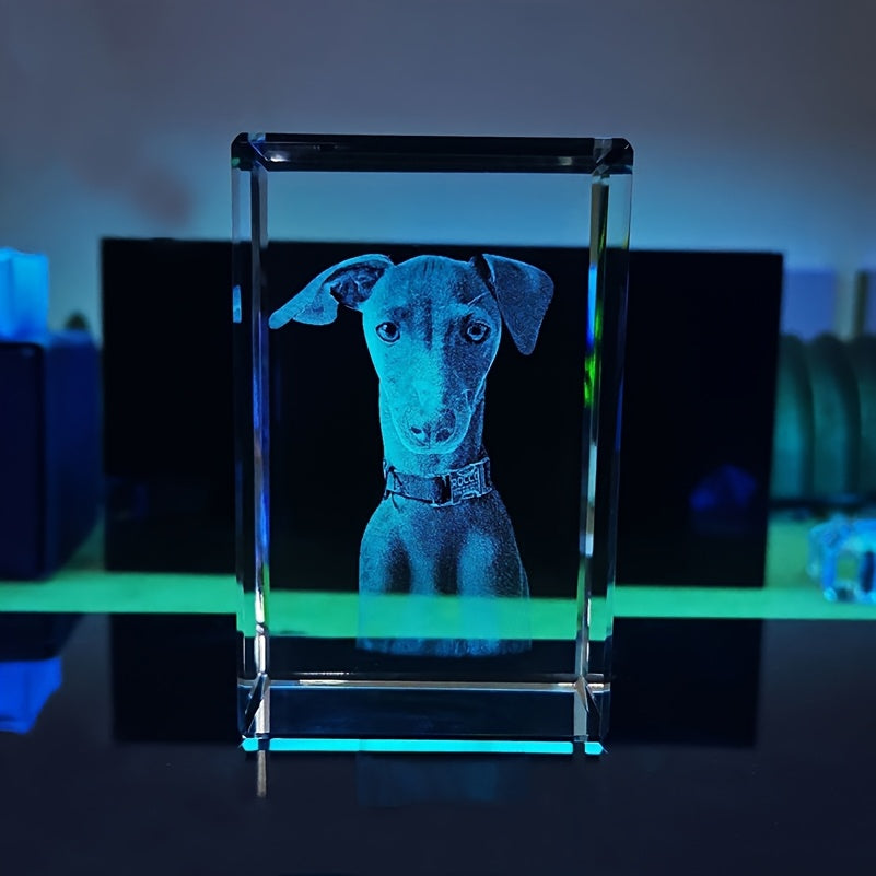 HighPeak EternaCrystal 3D laser engraved dog portrait illuminated in blue LED light within crystal memorial display block