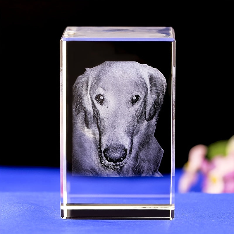 HighPeak EternaCrystal 3D laser engraved pet memorial cube displaying detailed dog portrait on clear crystal against blue base
