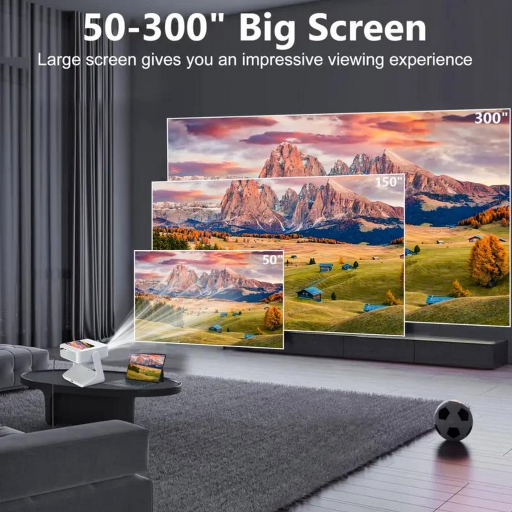 HighPeak FUSION Projector displaying mountain landscape at different screen sizes in modern living room setting