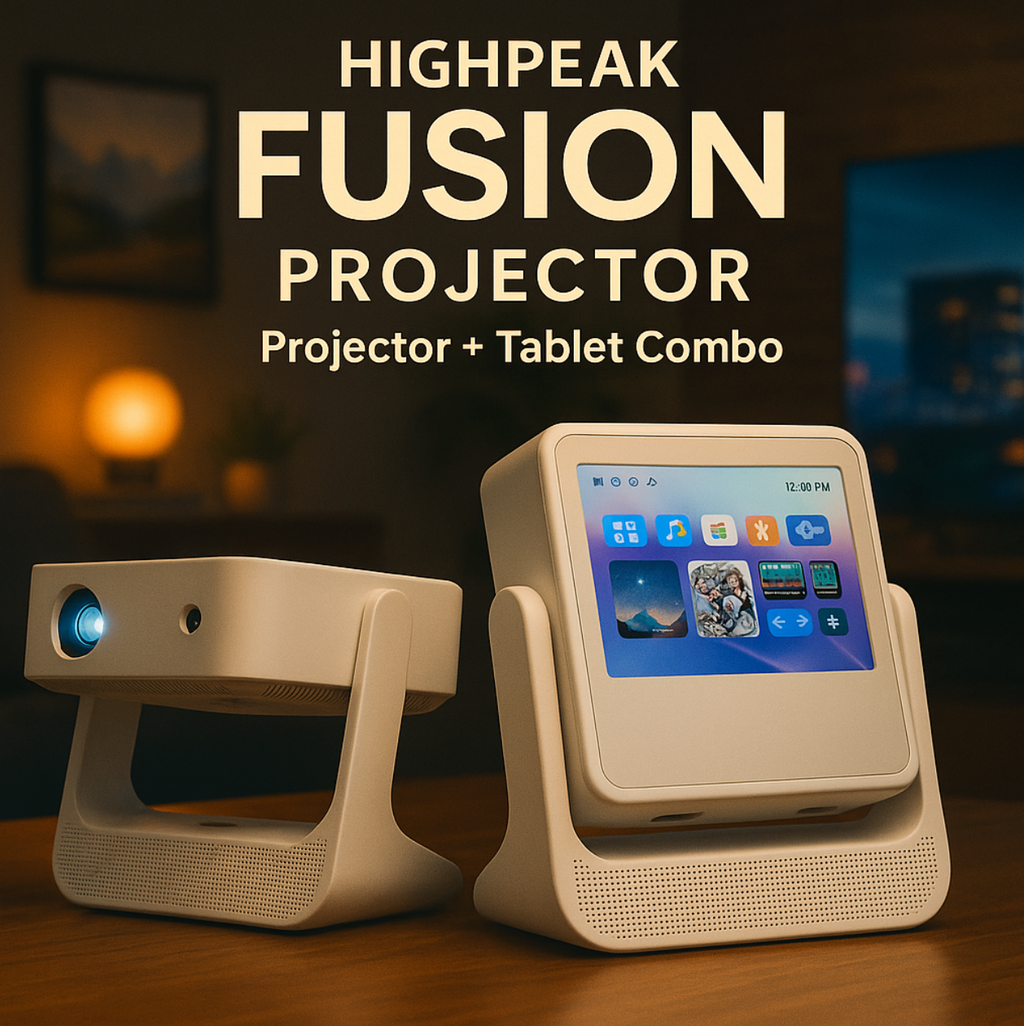 HighPeak FUSION projector and smart tablet combo in white, displaying touchscreen interface with streaming apps in warm lighting