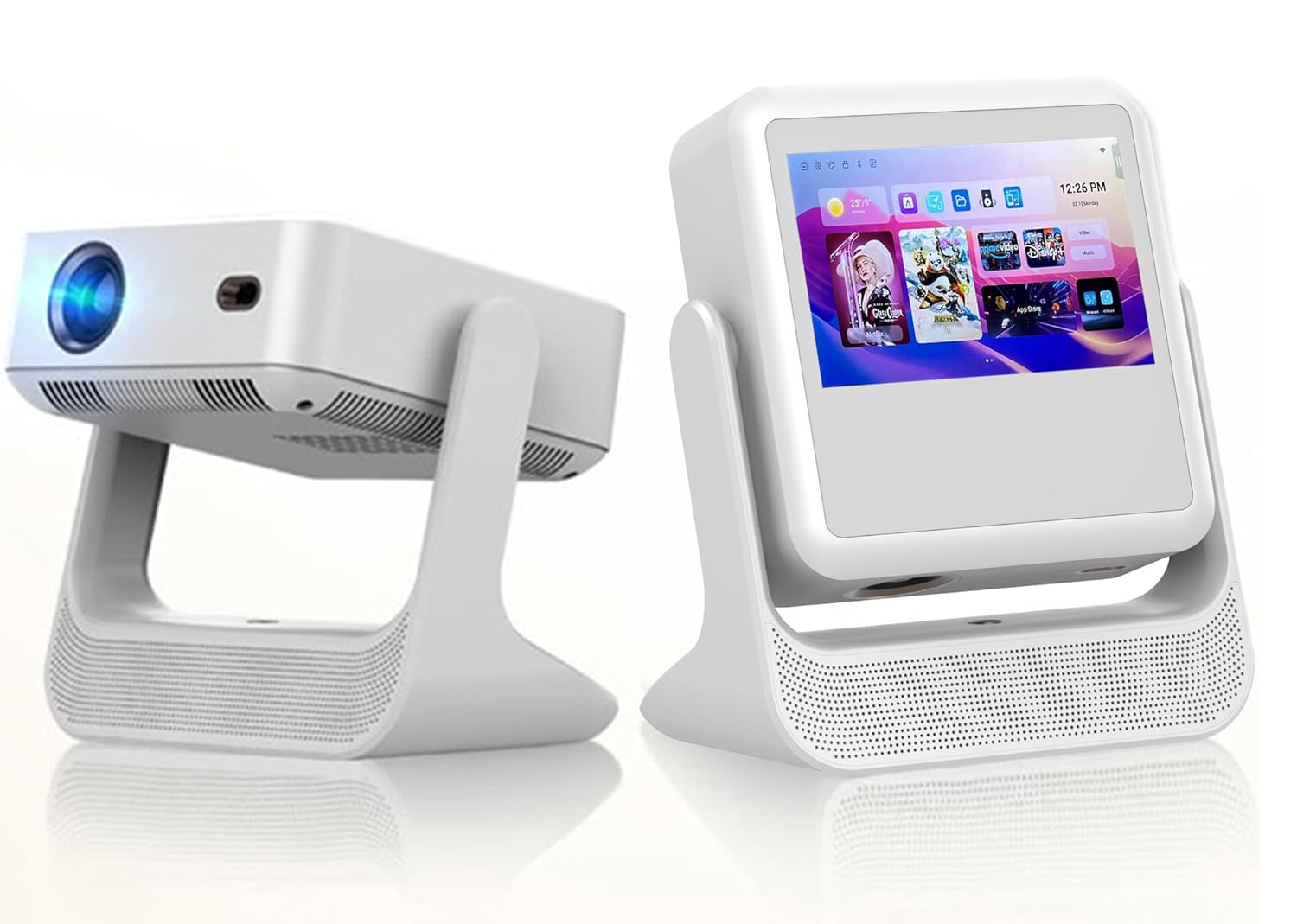 HighPeak FUSION projector and smart tablet in white, showcasing touchscreen display and compact projector lens design