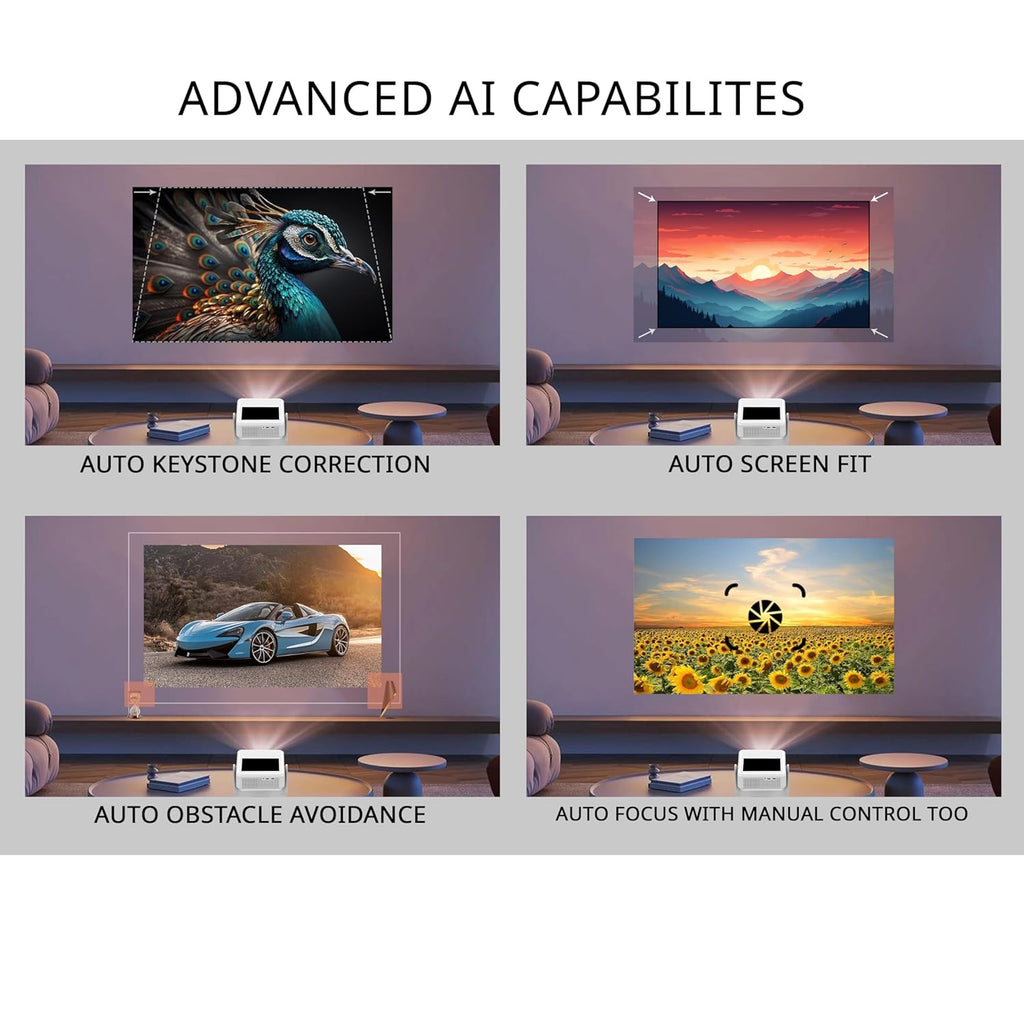 HighPeak FUSION projector displaying advanced AI features with auto keystone, screen fit, and focus capabilities on wall screens