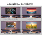 HighPeak FUSION projector displaying advanced AI features with auto keystone, screen fit, and focus capabilities on wall screens