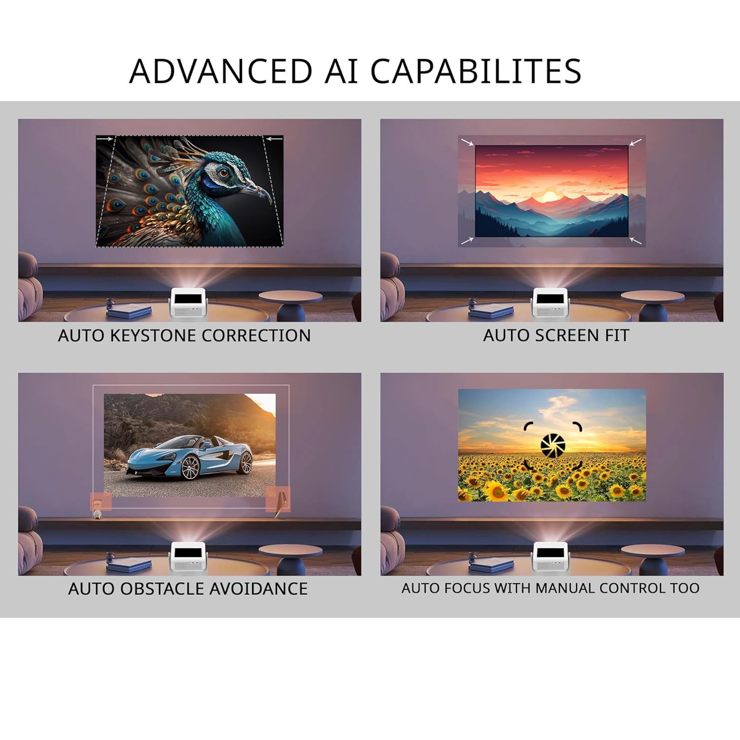 HighPeak FUSION projector displaying advanced AI features with auto keystone, screen fit, and focus capabilities on wall screens