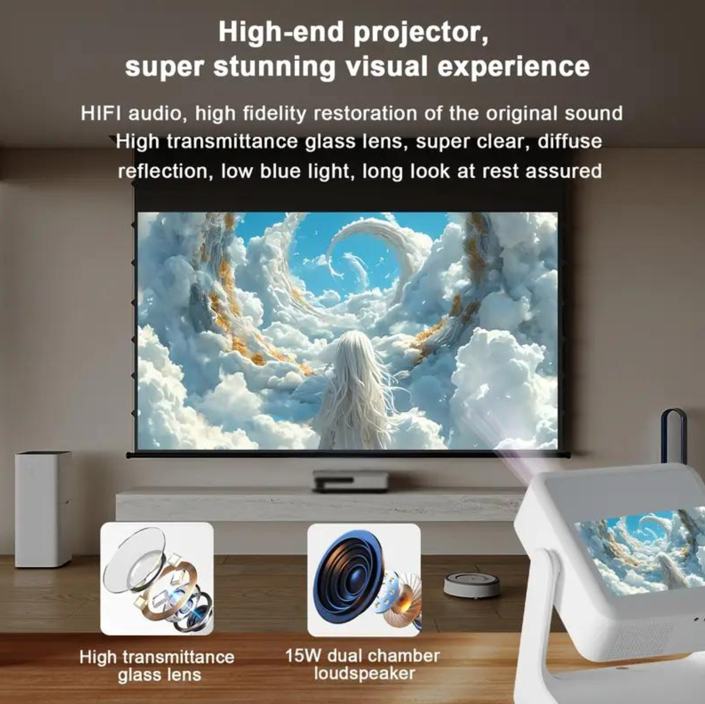 HighPeak FUSION projector displaying anime scene on wall with 15W speakers and high-end glass lens in modern living room