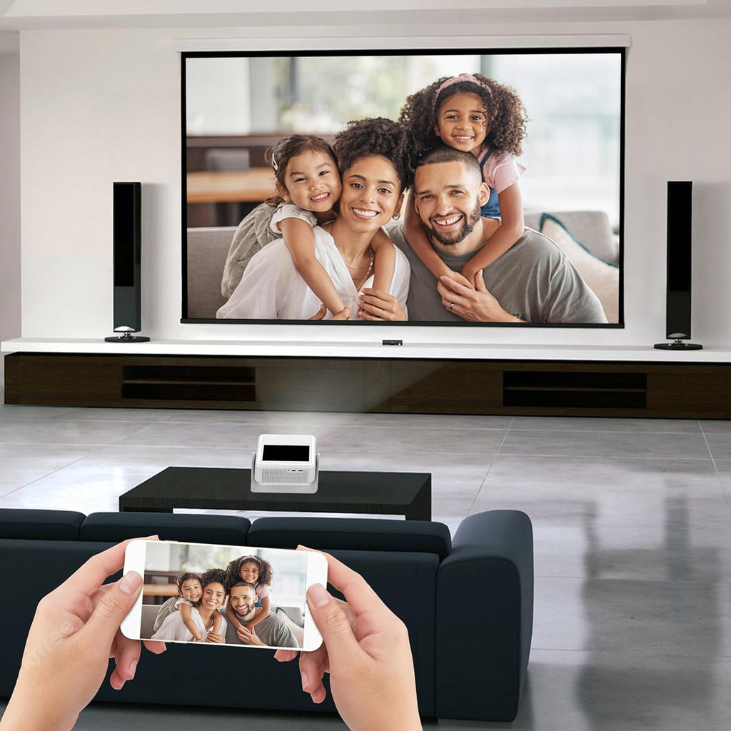 HighPeak FUSION projector displaying content on large screen with smartphone mirroring in modern living room setup