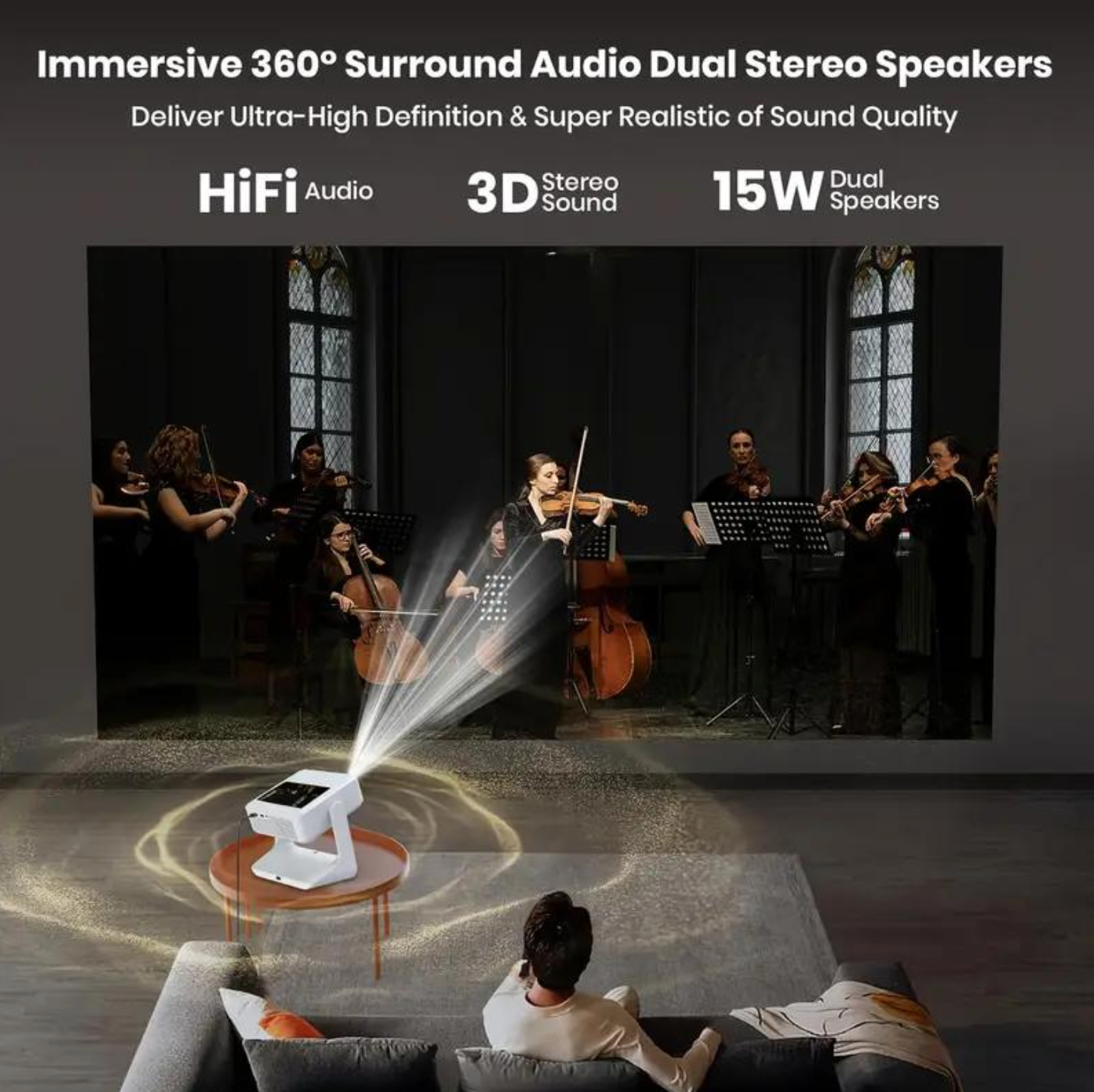 HighPeak FUSION projector displaying orchestra performance with 360-degree surround sound and dual 15W speakers on display