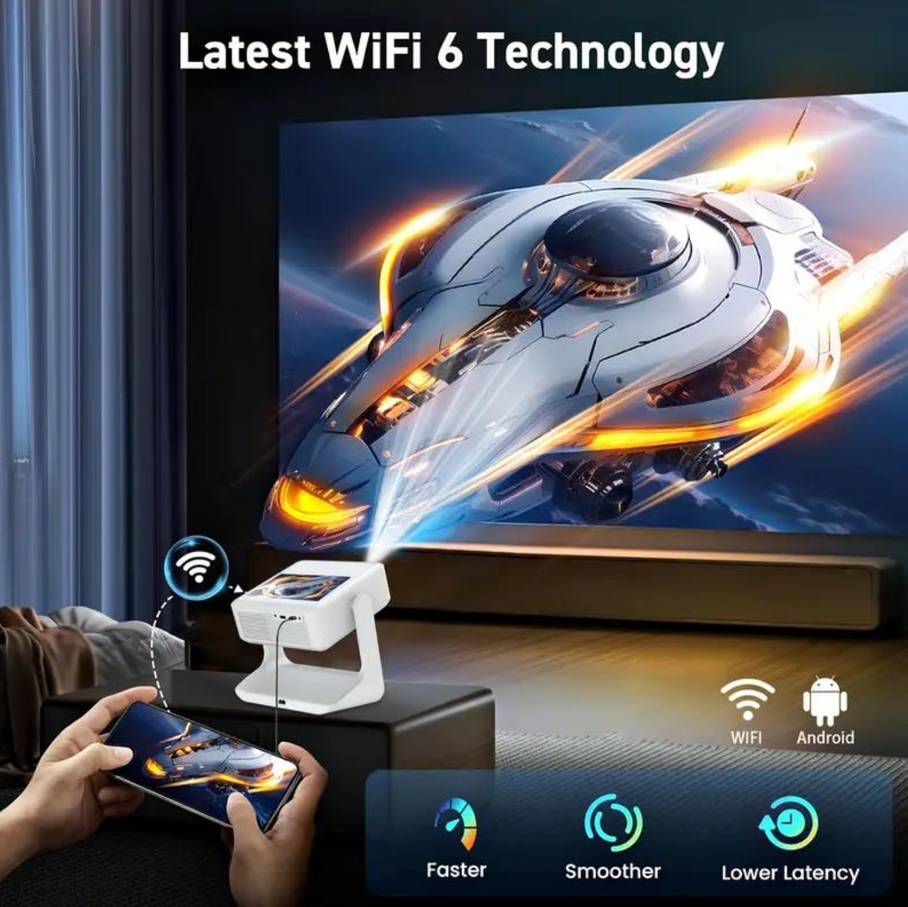 HighPeak FUSION projector displaying spaceship game with WiFi 6 technology on large screen, showing tablet control interface